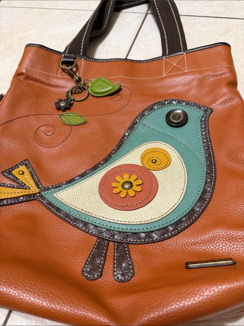 CHALA TWEET Partridge Bird Hobo Tote Shoulder Bag Vegan Leather Orange Purse
